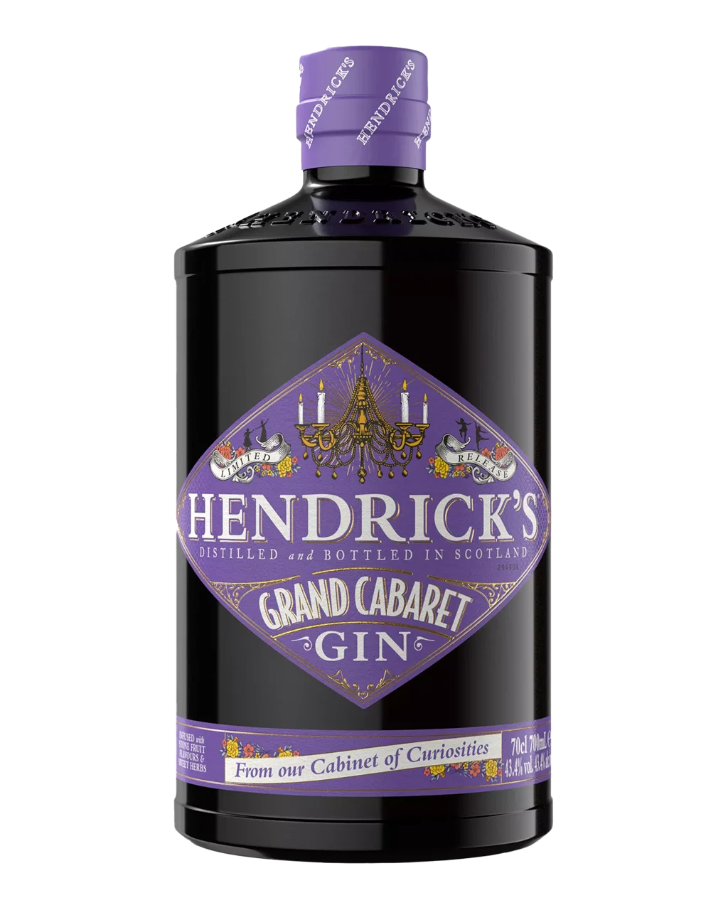 Hendrick's Grand Cabaret Gin bottle with purple label on a white background