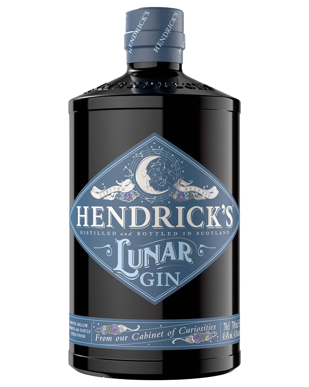 Hendrick's Lunar Gin bottle on a white background
