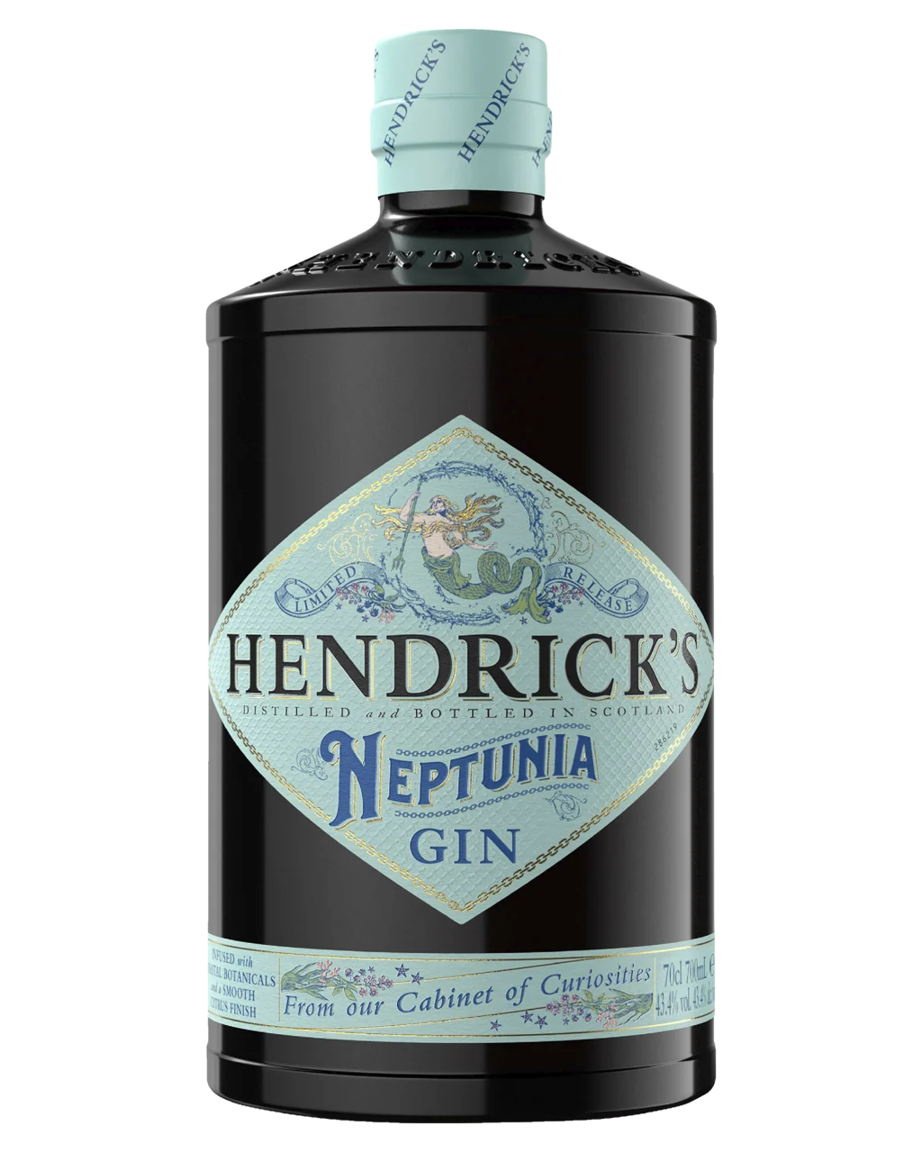 Bottle of Hendrick's Neptunia Gin on a white background