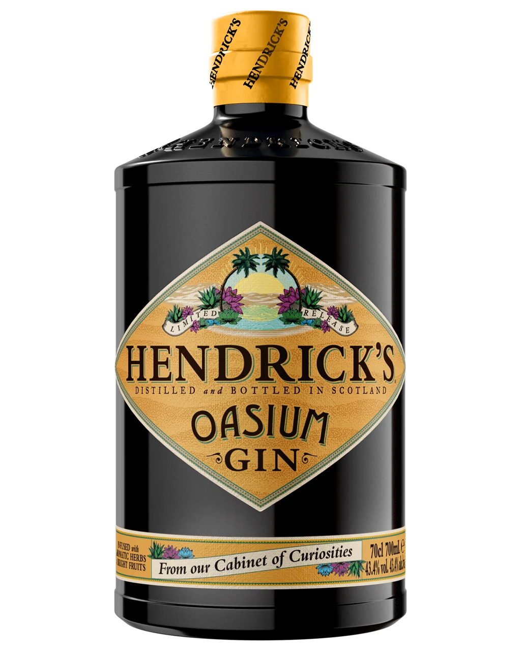 Hendrick's Oasium Gin bottle with decorative label on a white background