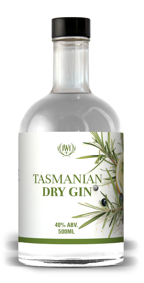 Bottle of Tasmanian Dry Gin with a label featuring botanicals on a white background