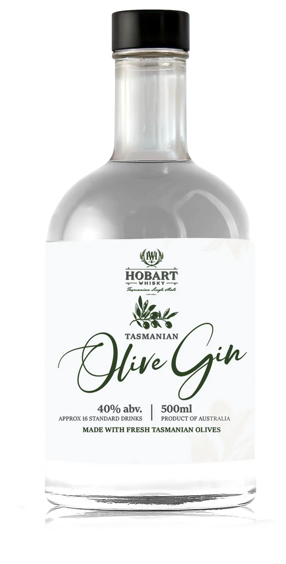 Bottle of Hobart Tasmanian Olive Gin with a World Gin Awards Bronze badge on a white background
