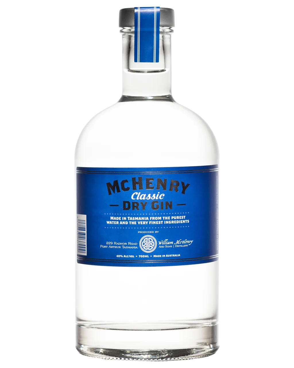 Clear bottle with blue label on a white background