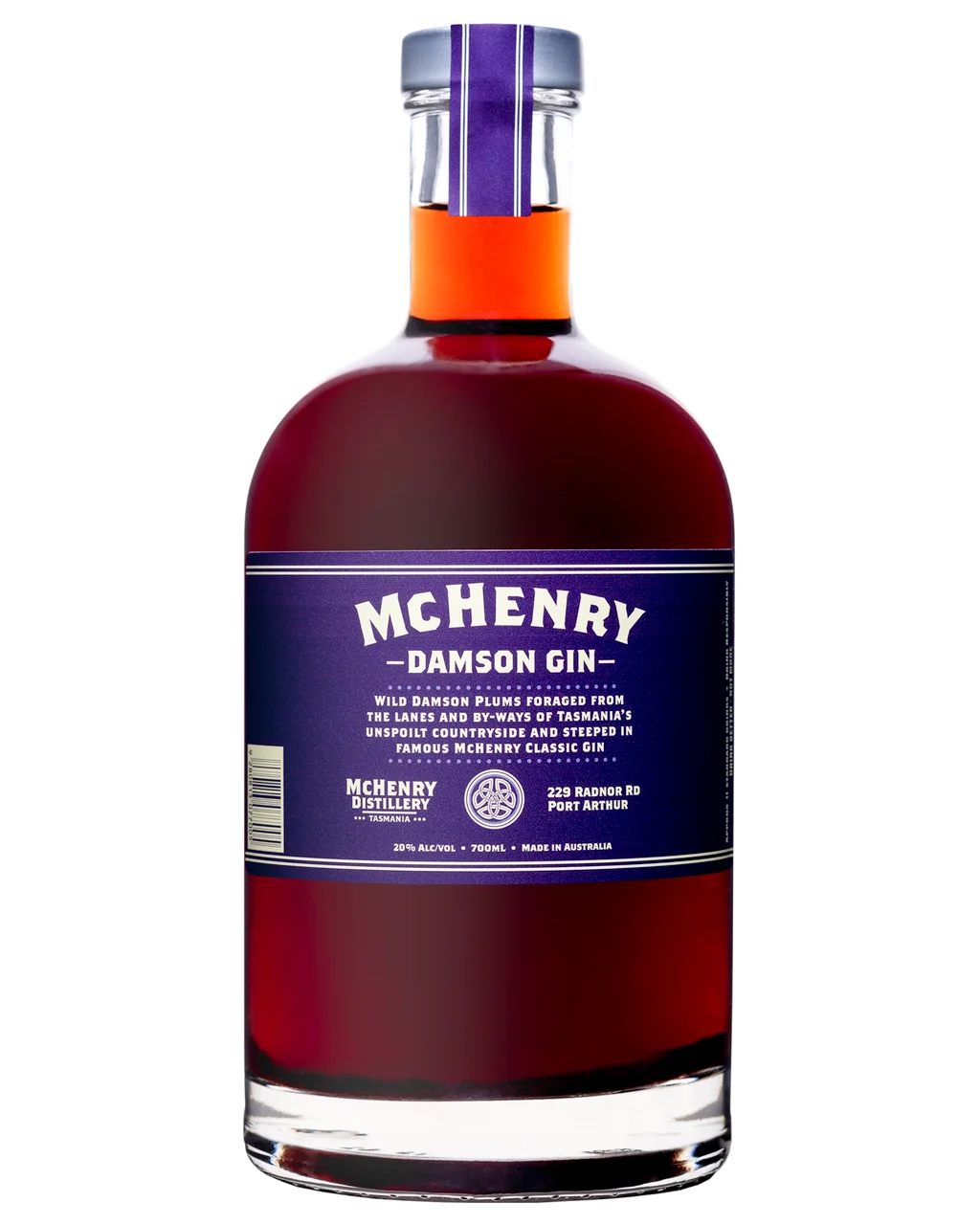 Bottle of McHenry Damson Gin on a white background