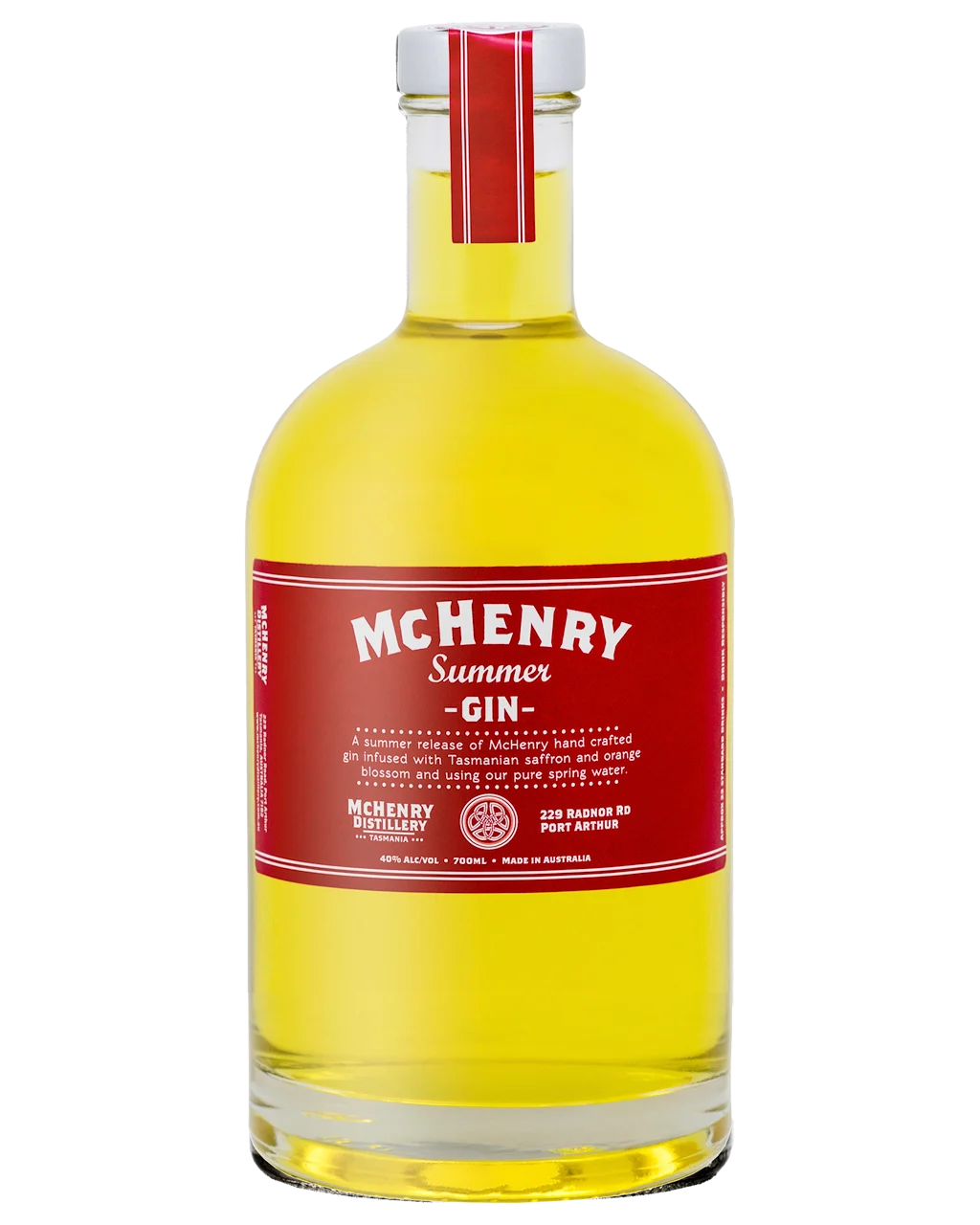 Bottle of McHenry Summer Gin with a red label on a white background