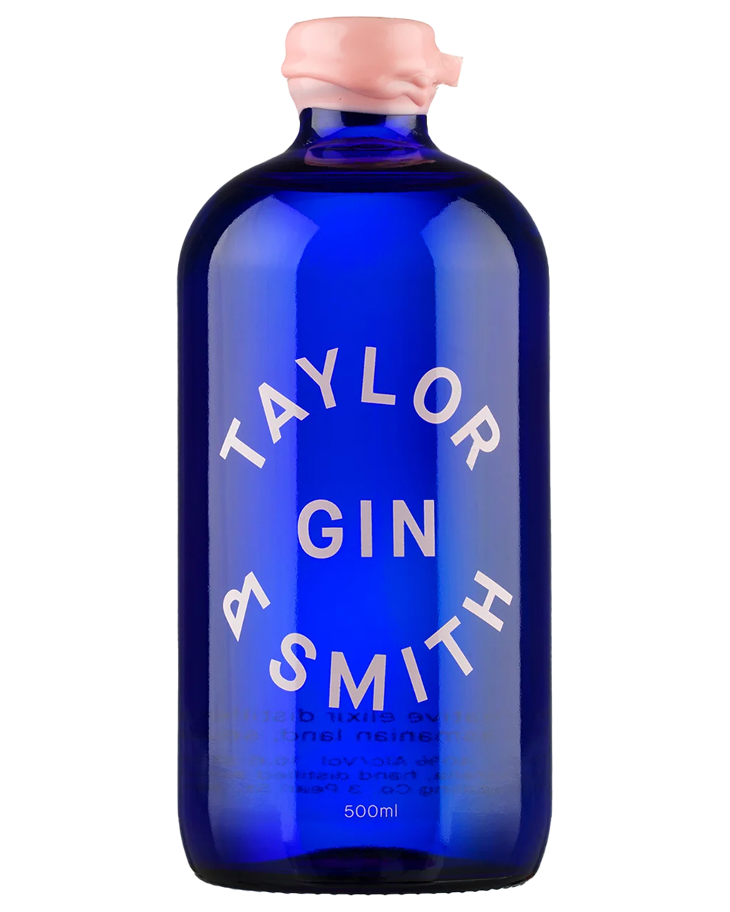 Blue bottle of Taylor Smith Gin on a white background