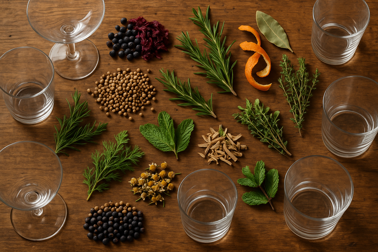 botanicals laid on a wooden table with some empty glasses